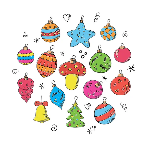 Juego Bolas Navidad Doodle Decoraciones Dibujadas Mano Juguetes Año Nuevo — Archivo Imágenes Vectoriales