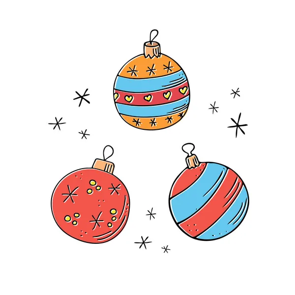 Juego Bolas Navidad Doodle Decoraciones Dibujadas Mano Juguetes Año Nuevo — Archivo Imágenes Vectoriales