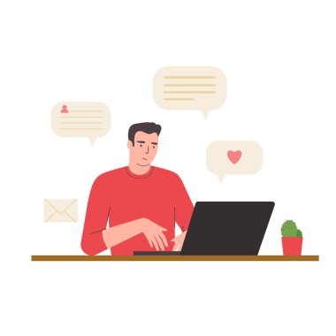 İnternette aşk arayan bir adam. Erkek, dizüstü bilgisayarını romantik yazışmalar, sosyal ağ kurma, mesafeli buluşma, çift arama için kullanıyor. Düz çizilmiş çizgi film karakteri. İzole edilmiş. Vektör.