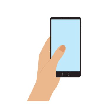 El ele tutuşan akıllı telefon, düz stil, katroon. Boş ekranlı mobil cihaz. Düz stil, minimalist tasarım. Resmin ya da mesajın için boşluk. İzole edilmiş. Vektör illüstrasyonu