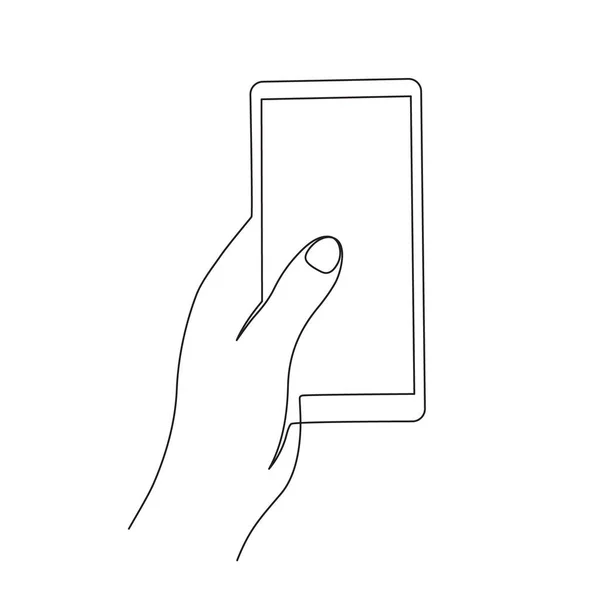 Mão Segurando Smartphone Uma Linha Arte Contorno Contínuo Dispositivo Móvel — Vetor de Stock