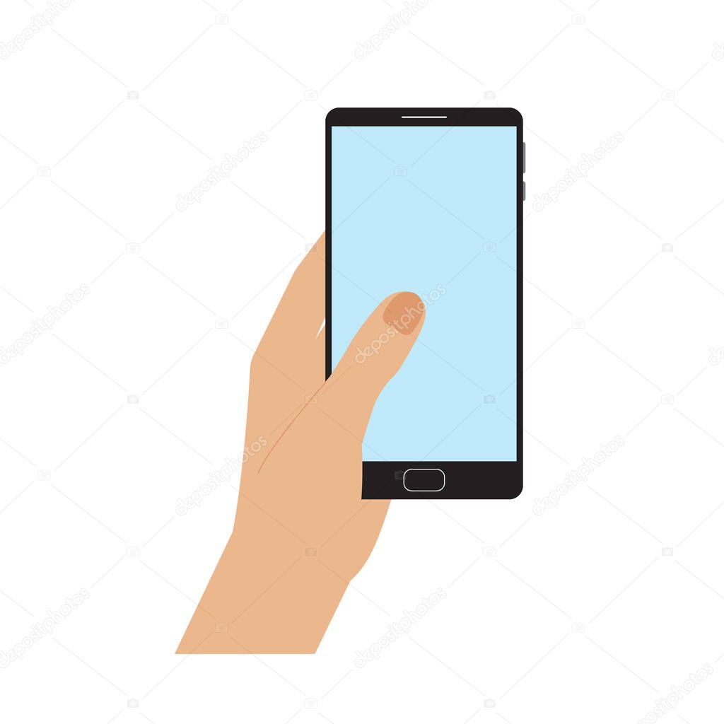 Hand holding smartphone, flat style, catroon. Mobile device with blank screen. Flat style, minimalist design. Space for your picture or text.Isolated. Vector illustration