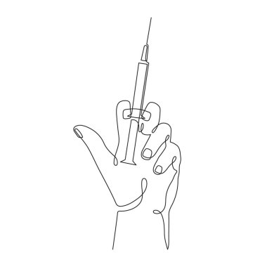 El ele tutuşma şırıngası, tek çizgi resim, sürekli kontür, el çizimi. Coronavirus aşısı, sağlık enjeksiyonu, tedavi, önleyici ölçümler. Tıbbi konsept, enjeksiyon dozu. Düzenleyici felç.