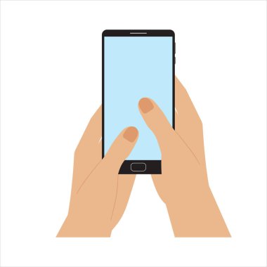 Eller akıllı telefonu tutuyor, düz stil, katroon. Boş ekranlı mobil cihaz. Düz stil, minimal tasarım. Resim veya metin için alan.