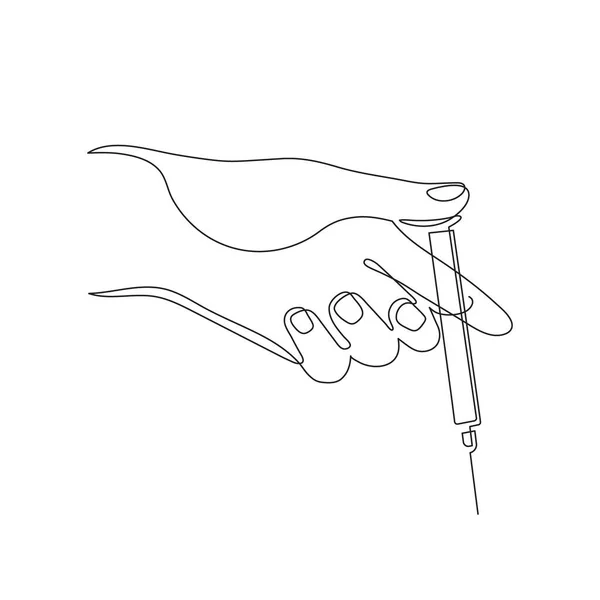 Рука Тримає Шприц Мистецтво Однієї Лінії Безперервний Контур Намальований Вручну — стоковий вектор