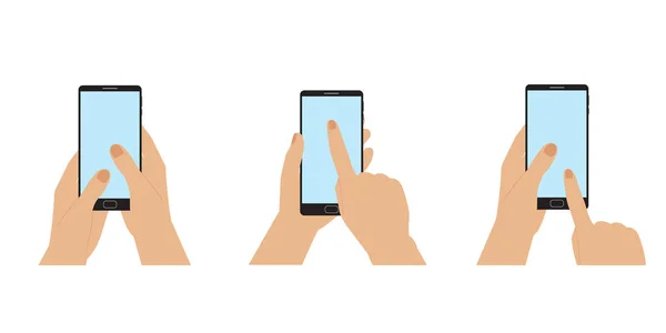 Hands Holding Smartphone Set Flat Style Catroon Mobile Device Blank — Vetor de Stock