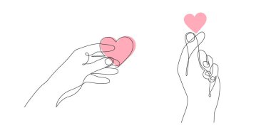 Kalbi olan eller, tek çizgi sanat, sürekli çizim, el yapımı jest, romantik aşkın sembolü. Sevgililer Günü için dekorasyon, avuç içi ve bilek. Düzenlenebilir felç. İzole edilmiş.