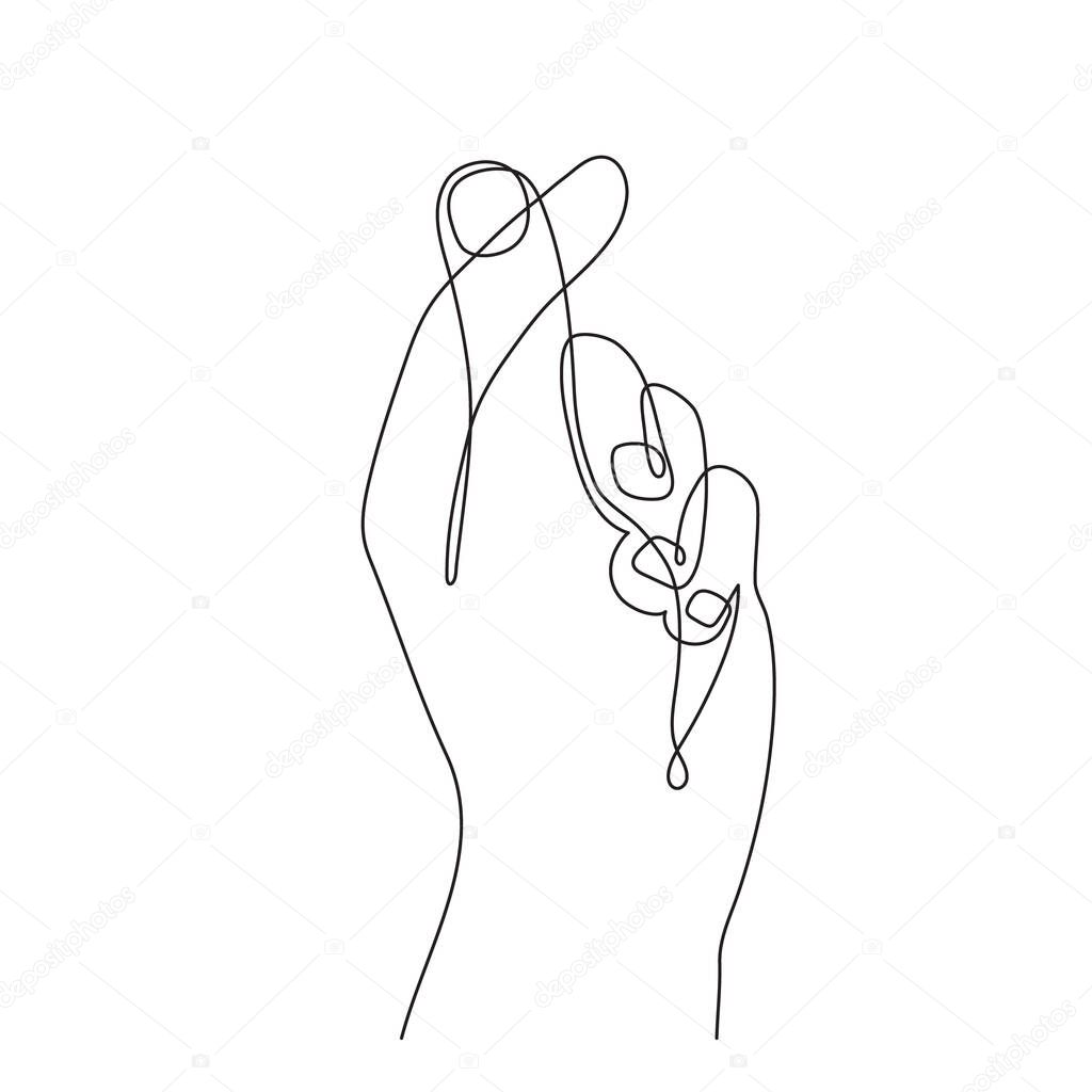 Hand gesture, one line art, continuous contour drawing, hand-drawn. flick fingers, snap sign. Symbol image of heart, emblem of love.Palm and wrist, sign translation. Editable stroke.Isolated.Vector