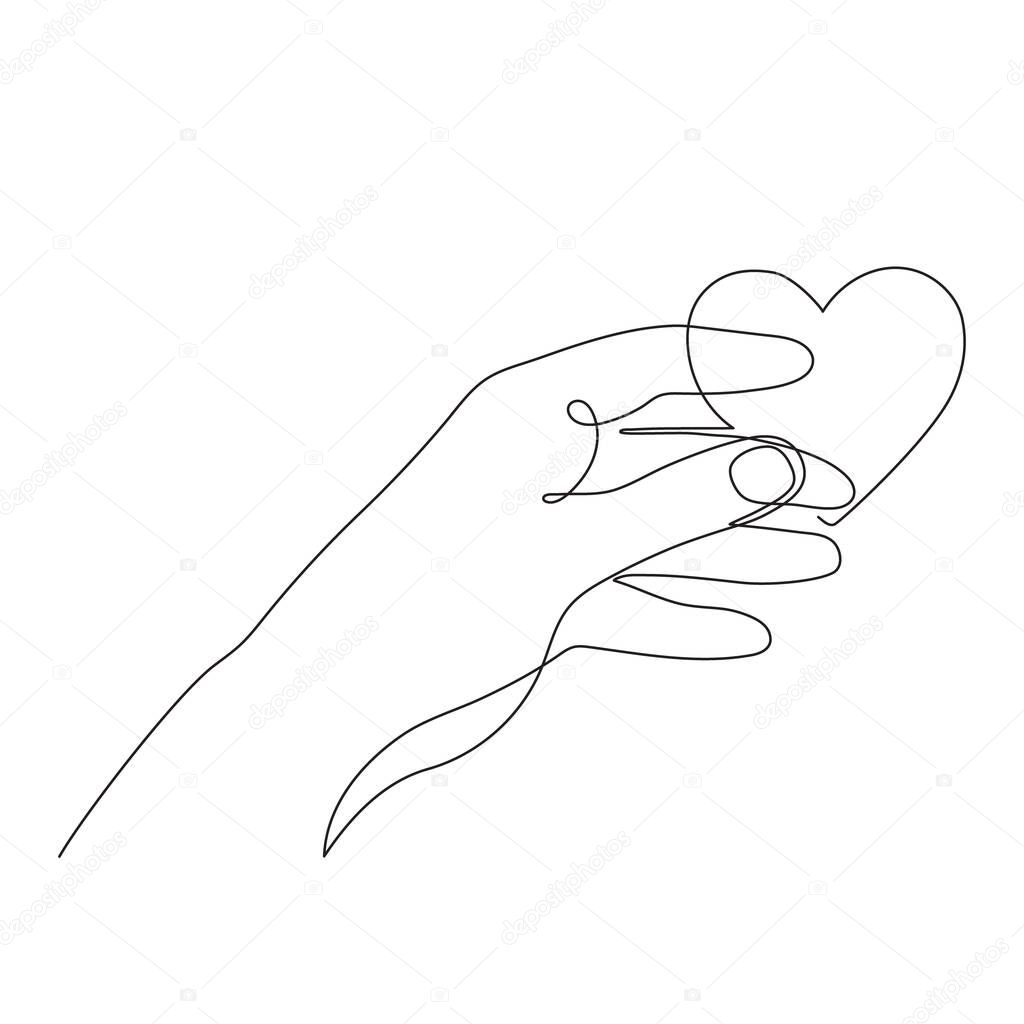 Hand with heart, one line art, continuous contour drawing, hand-drawn gesture, symbol of romantic love.Decoration for St.Valentine's Day,palm and wrist. Editable stroke.Isolated.Vector illustration