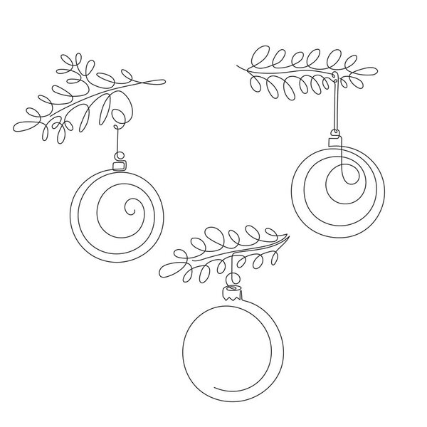 Christmas balls set,one line art,continuous contour.Hand drawn decoration,new year toy,festive element.For New Year holiday cards,coloring book, posters,banners,calendars,print.Ediable