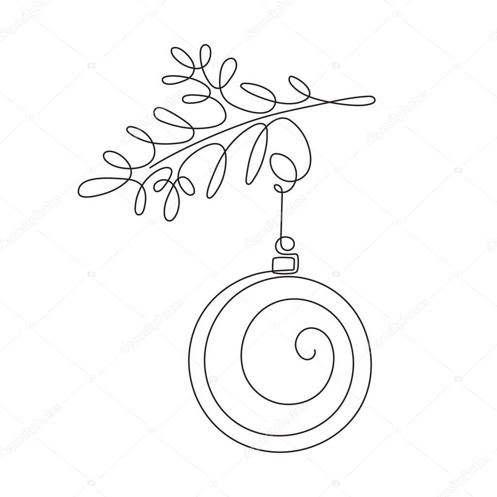Christmas ball,one line art,continuous contour.Hand drawn decoration,new year toy,festive element.For New Year holiday cards,coloring book, posters,banners,calendars,print.Isolated.