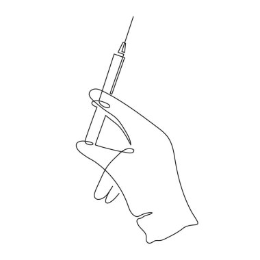 Eldivenli el yapımı şırınga, bir çizgi sanatı, sürekli çizim hatları. Coronavirus aşısı, sağlık enjeksiyonu, tedavi, önleyici ölçümler. Tıbbi konsept, enjeksiyon dozu. Düzenlenebilir felç..