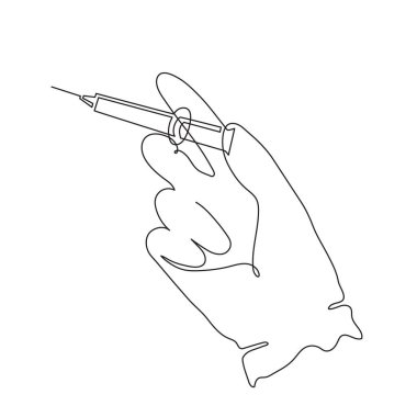 Eldivenli el yapımı şırınga, bir çizgi sanatı, sürekli çizim hatları. Coronavirus aşısı, sağlık enjeksiyonu, tedavi, önleyici ölçümler. Tıbbi konsept, enjeksiyon dozu. Düzenlenebilir felç..