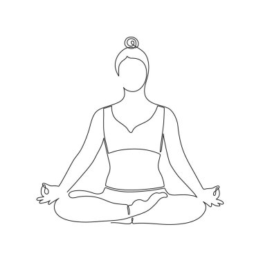 Yogacı kız, tek çizgili sanat eseri, el çizimi aralıksız hatlar. Lotus pozisyonu, meditasyon için asana. Sağlıklı yaşam tarzı, vücut ve ruhsal uyum. Düzenlenebilir felç. İzole edilmiş. Vektör illüstrasyonu
