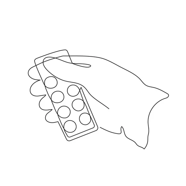 Gloved Hand Holding Pills One Line Art Continuous Drawing Contour — стоковый вектор