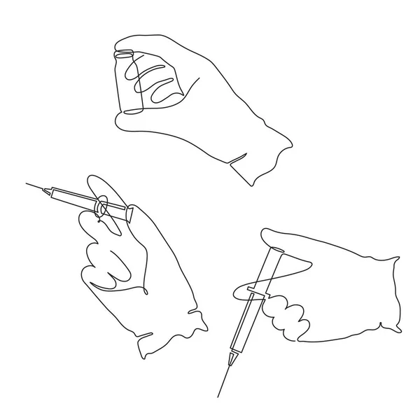 手袋をはめた手は注射器とテストチューブを保持します 1つのラインアート 継続的な描画コンタクト コロナウイルスワクチン接種 医療注射 実験室分析 物質溶液 医学の概念 編集可能なストローク — ストックベクタ