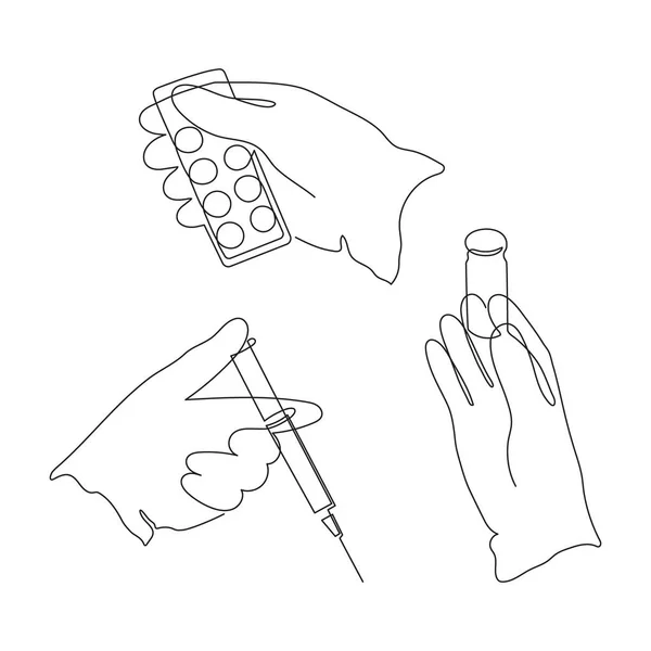 手袋をはめた手は注射器を保持します テストチューブと枕 一つのラインアート 継続的な描画コンタクト コロナウイルスワクチン接種 医療注射 実験室分析 物質溶液 医学の概念 編集可能 — ストックベクタ