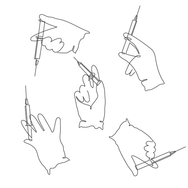 手袋をはめた手は注射器を保持します 一つのラインアート 継続的な図面の輪郭 コロナウイルスワクチン接種 医療注射 予防措置 医学的概念 注射用量 編集可能な脳卒中 — ストックベクタ