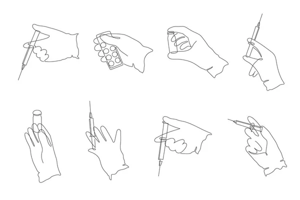 Gloved Hands Holding Pillinge Test Tube Pillss One Line Art — 스톡 벡터