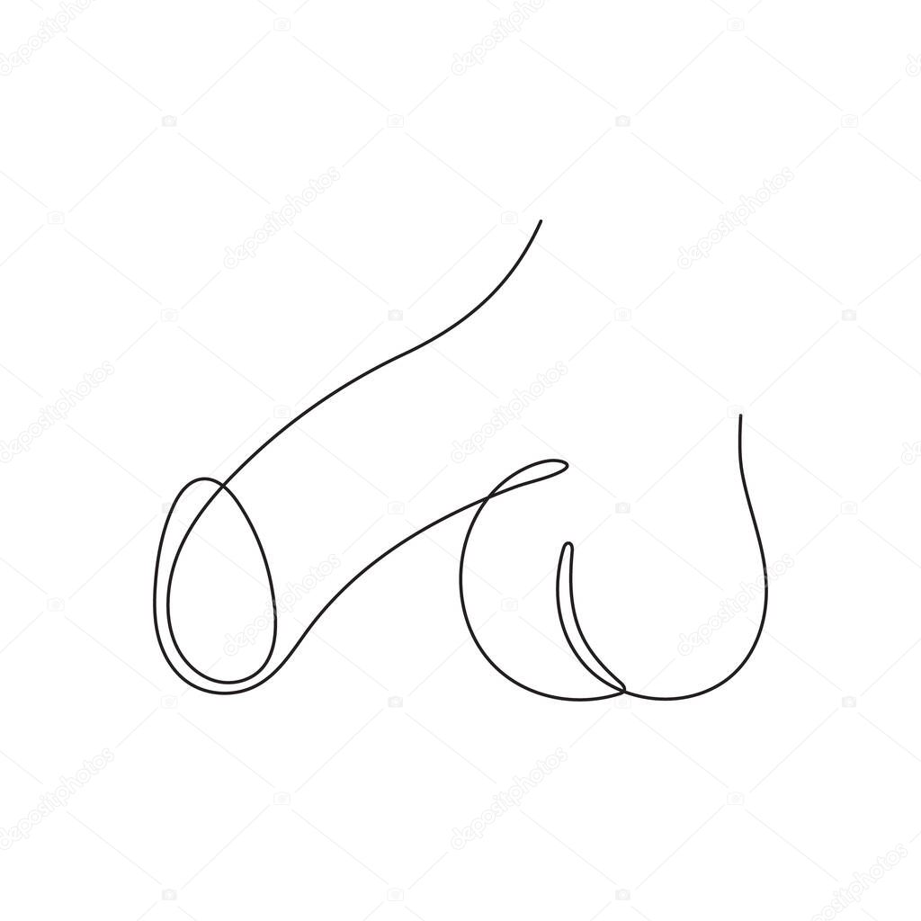 Penis one line continuous drawing. Male reproductive organ and testicles, man's genitals. Phallus icon. Editable stroke. Isolated.Vector illustration.