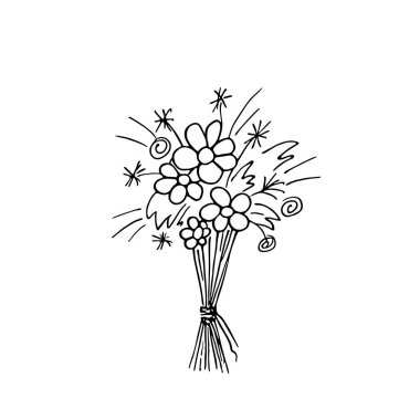 Çiçekli karalama buketi, güllü ve papatyalı el çizimi, romantik demet, bayram hediyesi. Basit çiçek çizimi, natürmort çizimi.