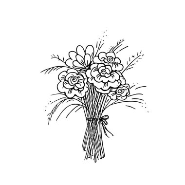 Şakayıklı karalama buketi, el çizimi çiçekler. Romantik demet, bayram hediyesi. Basit çiçek çizimi, natürmort. Botanik çizimi.