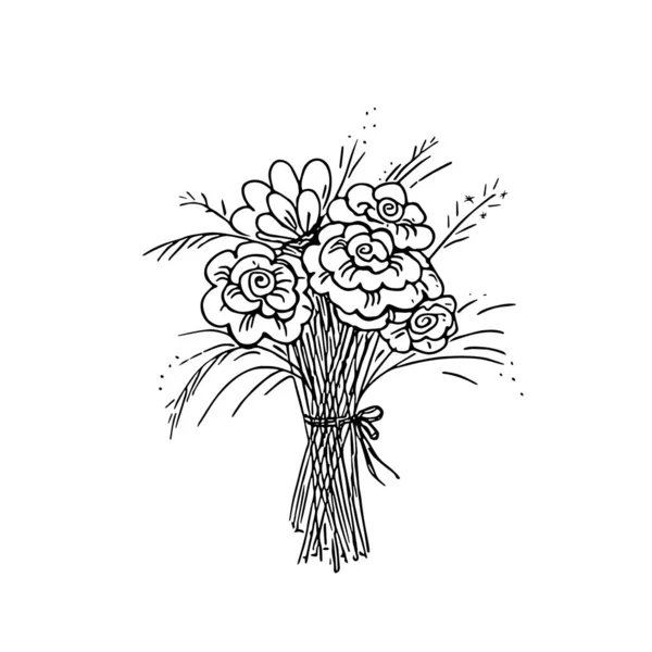 Doodle Boeket Met Pioenrozen Met Hand Getekende Bloemen Romantische Bos — Stockvector