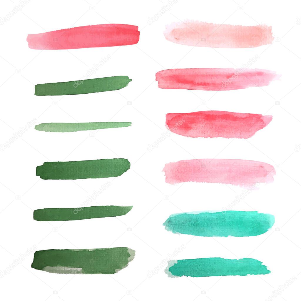 Brushstroke watercolor set,collection of bright aquarelle stripes. isolated. Textured stains for decor, design elements.Vector illustration