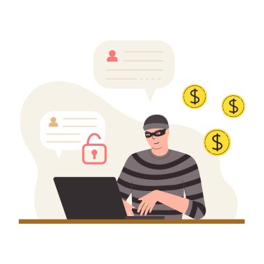 Scammer verileri çalıyor. Dolandırıcılık, internetten sahtekarlık. Hırsız internette hile yapıyor. Düz elle çizilmiş çizgi film karakteri. Erkek, dizüstü bilgisayar kullanır.