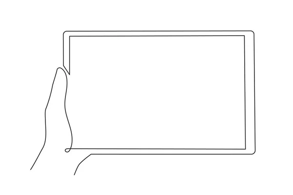 Hand Holding Tablet Een Lijn Kunst Met Hand Getekend Continue — Stockvector