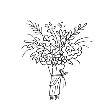 Karalama buketi, el çizimi çiçekler, romantik demet, bayram hediyesi. Basit çiçek çizimi, çizim, natürmort. Botanik illüstrasyon. Vektör illüstrasyonu