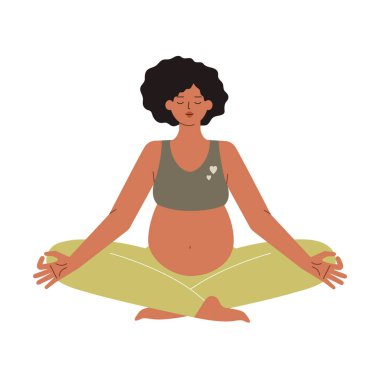 Hamile bir kadın Lotus pozisyonunda meditasyon yapıyor. Doğum öncesi rahatlama eğitimi. Afro-Amerikan bayan anne Asya 'da otururken nefes egzersizi yapıyor. Düz çizgi film karakteri.