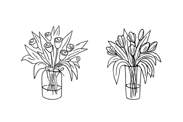 花のスケッチ ドローイング 静物画 ロマンチックな束 休日への贈り物 植物のイラスト — ストックベクタ