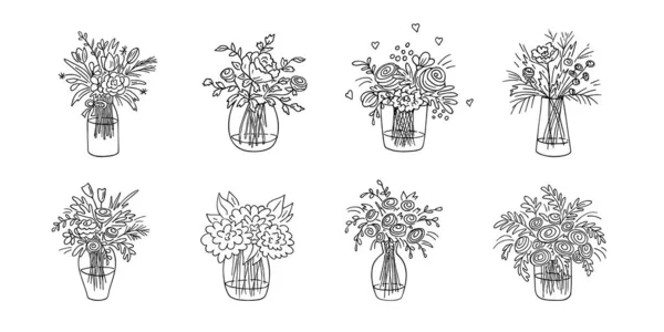 Doodle Bouquets Set Hand Drawn Flowers Floral Sketch Drawing Still — Stock Vector