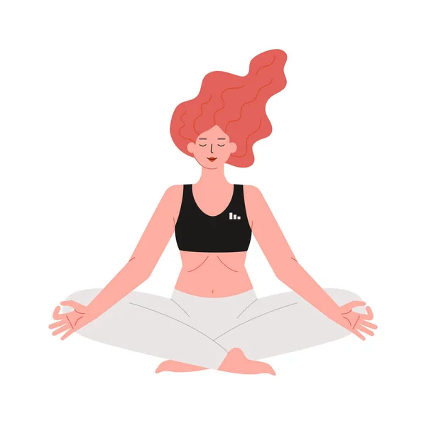Chica Yoga Meditando Pose Loto Mujer Joven Practica Ejercicios Respiración — Vector de stock