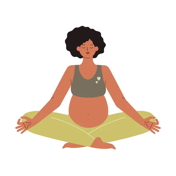 Mujer Embarazada Meditando Loto Pose Prenatal Relajación Training Afro Mujer — Vector de stock