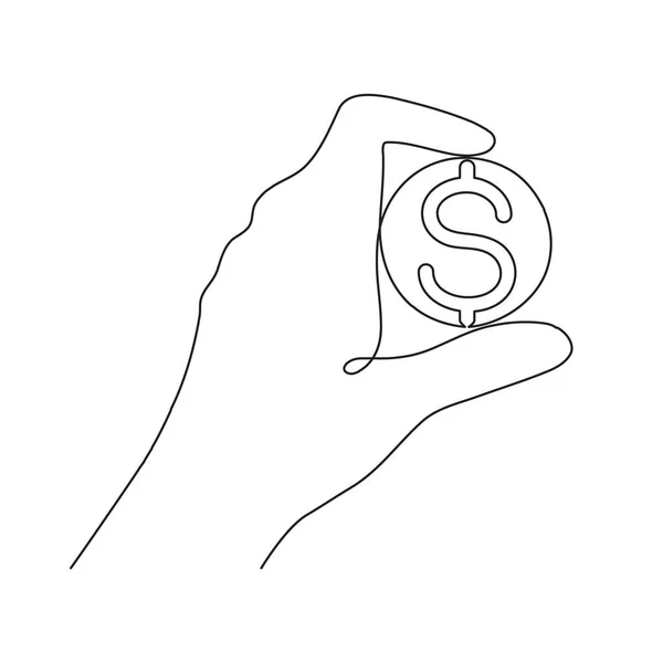 Рука Монетой Одна Линия Искусства Непрерывный Контурный Рисунок Ручной Рисунок — стоковый вектор