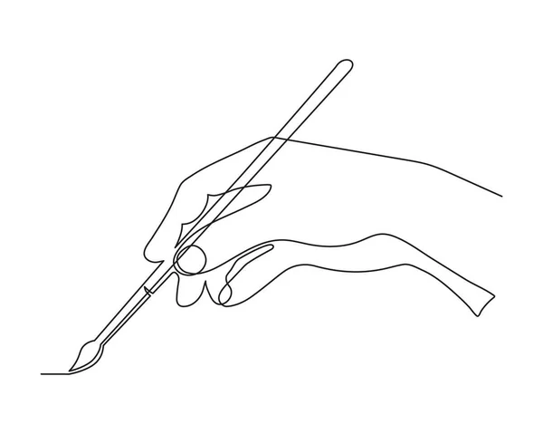Hand Hält Malpinsel Eine Linie Kunst Hand Gezeichnet Kontinuierliche Kontur — Stockvektor