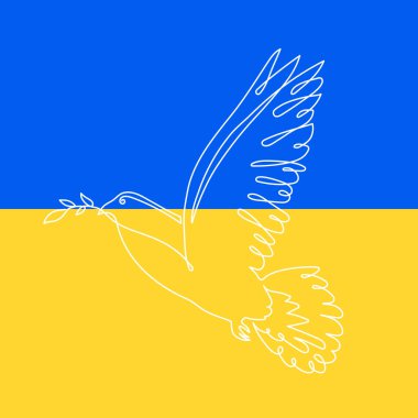 Barış ve özgürlük sembolü Ukrayna bayrağı arka planı. Ulusal mavi-sarı bağımsızlık işareti, tek çizgi güvercin, düzenlenebilir kondomlu. Ülke duvar kağıdı..