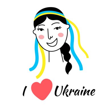 Ukrainian girl doodle,blue-yellow national colors,sign of country independence and democracy. I love Ukraine. Patriotic movement of hope victory over Russia in the war 2022. Isolated. Vector
