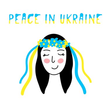 Ukrainian girl doodle,blue-yellow national colors,sign of country independence and democracy.Peace in Ukraine.Patriotic movement of hope victory in the war 2022.Isolated.Vector