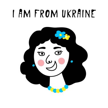 Ukrainian girl doodle,blue-yellow national colors,sign of country independence and democracy.I am from Ukraine.Patriotic movement of hope victory in the war 2022.Isolated.Vector