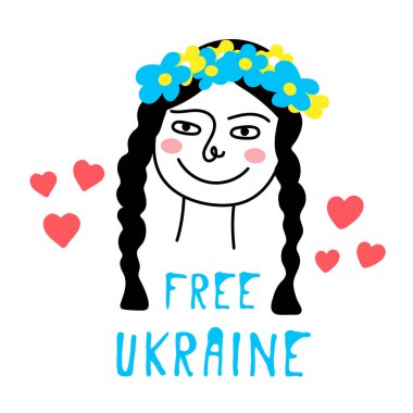 Ukrainian girl doodle,blue-yellow national colors,sign of country independence and democracy.Free Ukraine.Patriotic movement of hope victory in the war 2022.Isolated.Vector