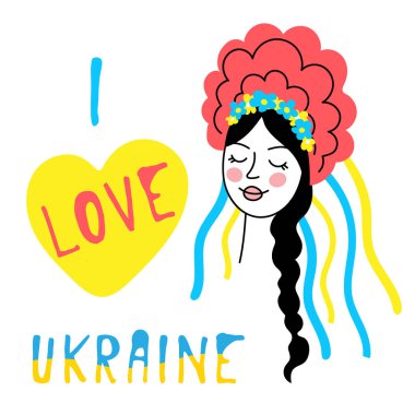 Ukrainian girl doodle,blue-yellow national colors,sign of country independence and democracy.I love Ukraine.Patriotic movement of hope victory over Russia in the war 2022.Isolated.Vector