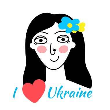 Ukrainian girl doodle,blue-yellow national colors,sign of country independence and democracy.I love Ukraine.Patriotic movement of hope victory over Russia in the war 2022.Isolated.Vector