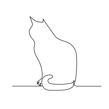 Kedi bir çizgi sanat, el çizimi aralıksız çizgi. Kuku kedisi, taslak stili, minimalist tasarım. Düzenlenebilir felç. İzole edilmiş. Vektör