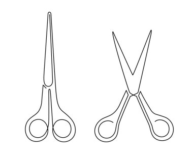 Makas tek sıra sanat, el çizimi aralıksız kontür. Makas, çizim tarzı, minimalist tasarım. Düzenlenebilir felç. İzole edilmiş. Vektör