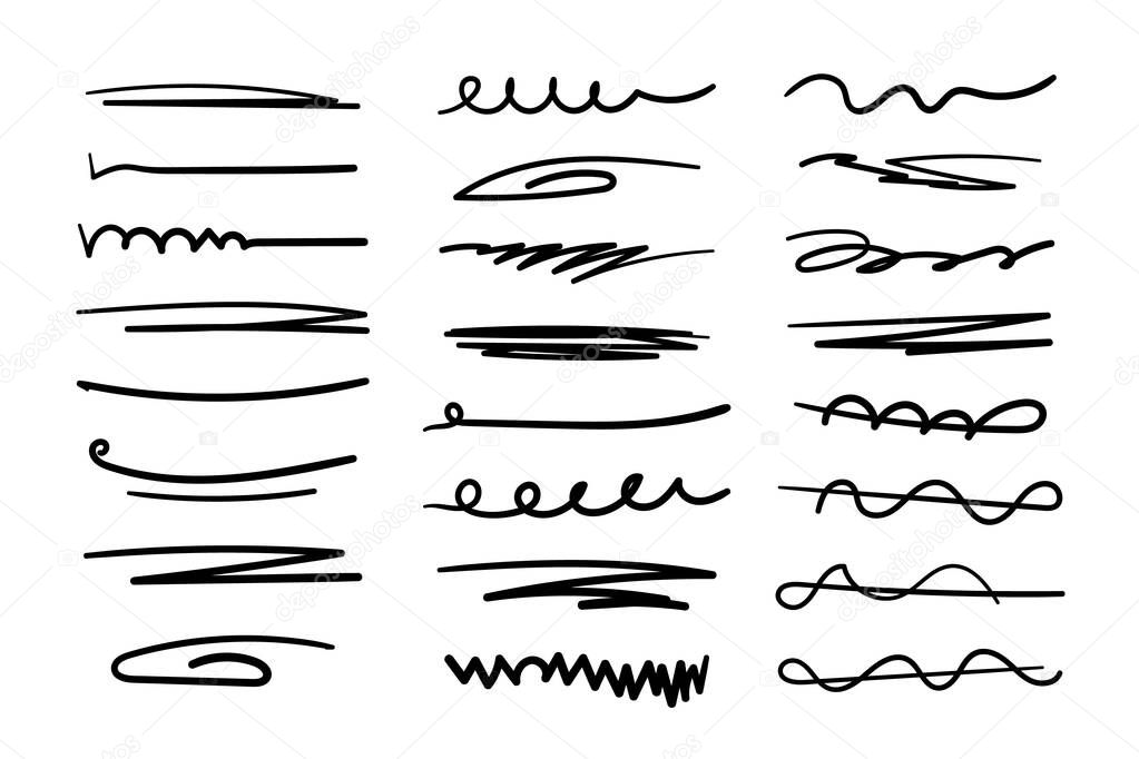 Handmade lines set, brush lines, underlines. Hand-drawn collection of doodle style various shapes. Lettering art elements. Isolated. Vector