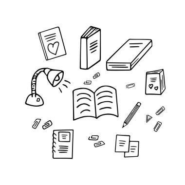 Okul konseptine geri dönelim, el çizimi kitaplar, defterler, kalem, ataç. Eğitim ve öğrenim araçları. Skeç, serbest tasarım, minimalist tasarım, çocuk çizimi. İzole edilmiş