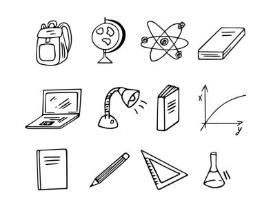 Konsept karalama, el çizimi, eğitim için öğeler, öğrenme konularına geri dönelim. Serbest ve minimalist tasarım, çocuk çizimi.
